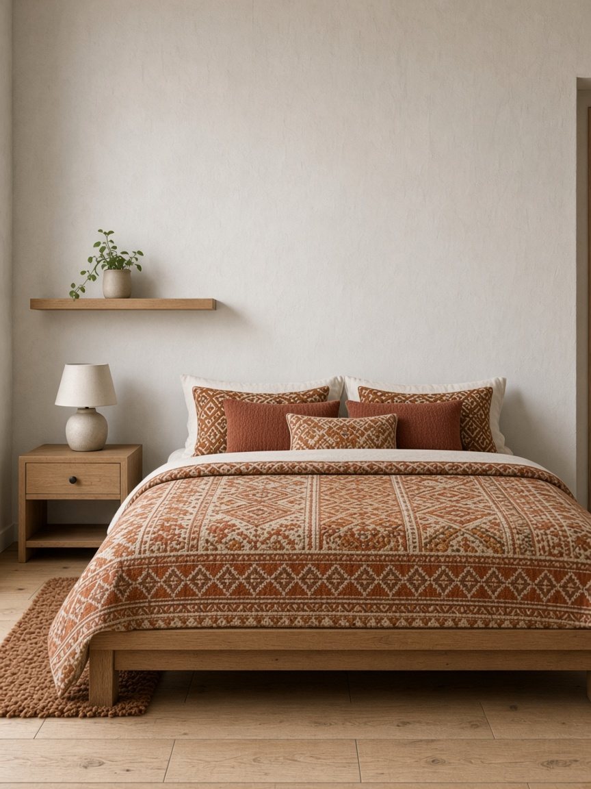 The same bed with a patterned quilt and a wool rug.