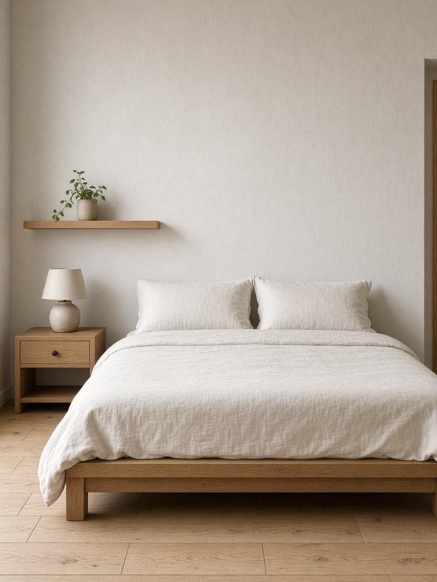 Oak bed in plain ivory linen, before the quilt.