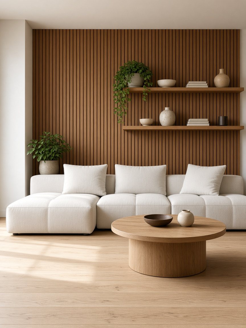 White sofa against a wood slat wall, before the rug.